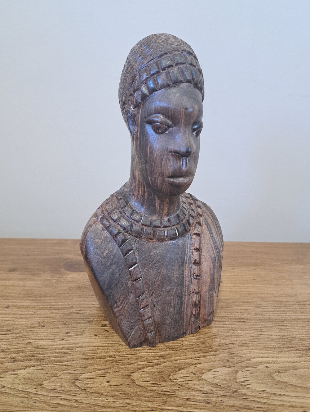 Vintage Hand Carved Wooden Bust Sculpture Tribal Folk Art Mid Century